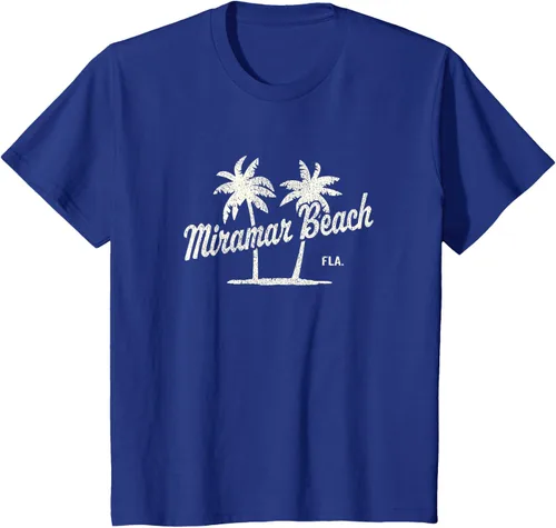 Vista 50 de Miramar Beach Florida Vintage 70s Palm Trees - Camiseta gráfica, Azul / Patchwork, S