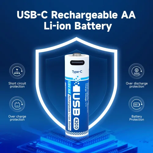 Vista 3 de Paquete de 4 baterías recargables de litio AA, batería doble AA de 1.5 V 4200 mWh con cable de carga USB-C, más de 2000 ciclos, carga rápida