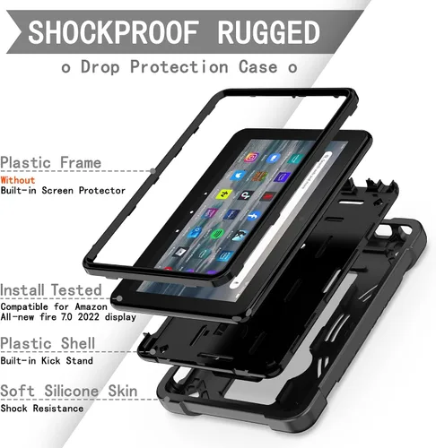 Vista 2 de Funda para tablet Amazon Fire 7 (12ª generación, lanzada en 2022) – Funda protectora híbrida resistente con soporte + 1 protector de pantalla y 1