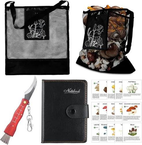 Vista 8 de Seajan Kit de Forraje de Setas de 18 Piezas con Bolsa de Caza, Cuchillo, Cepillo, Tarjetas Guía y Cuaderno para Amantes de las Setas (Verde Ejército)