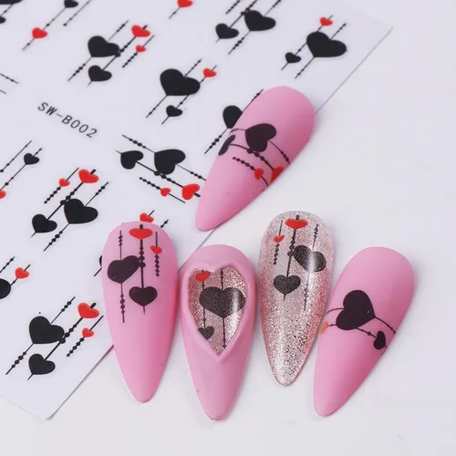 Vista 3 de Calcomanías de uñas de San Valentín, 6 unidades, calcomanías de uñas de corazón 3D, autoadhesivas, calcomanías de arte de uñas, diseño de flores