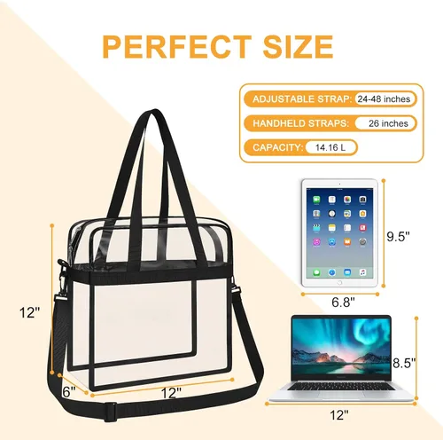 Vista 3 de Bolsa transparente para eventos en estadios bolsa transparente con correas ajustables para conciertos de trabajo, viajes, solo un bolsillo