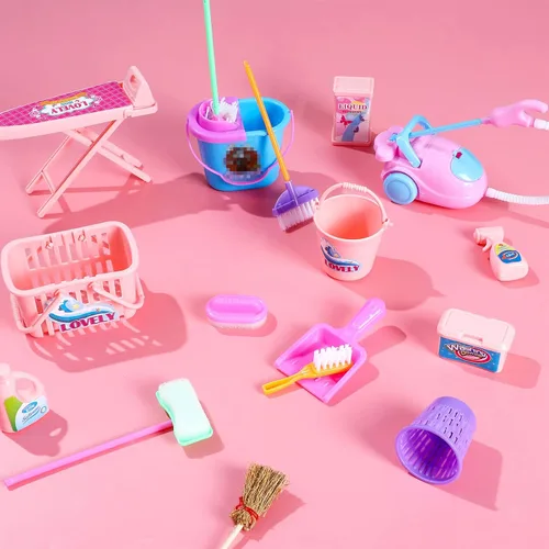 Vista 2 de ONEST - 18 piezas de suministros de limpieza para muñecas en miniatura, accesorios de decoración de muebles de casa de muñecas para muñecas