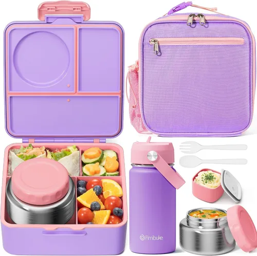 Vista 15 de Fimibuke Caja Bento para niños y adultos – Juego de lonchera Bento de 3 a 4 compartimentos a prueba de fugas con tarro de comida aislado, botella