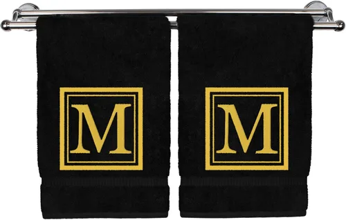 Vista 45 de Juego de 2 toallas de mano con monograma, 16 x 30 pulgadas, regalo personalizado, letra dorada bordada con diseño cuadrado sobre toalla negra, extra