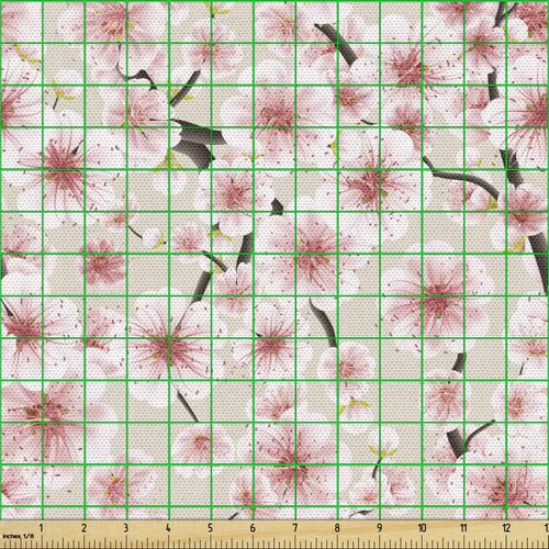 Vista 2 de Ambesonne The Yard - Tela de flor de cerezo por The Yard, flores japonesas simbólicas de primavera en un arreglo aleatorio, tela decorativa