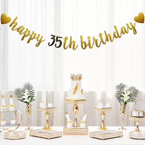 Vista 4 de Betteryanzi - Cartel de feliz cumpleaños número 35, guirnalda de papel con purpurina dorada y negra para suministros de decoración de fiesta