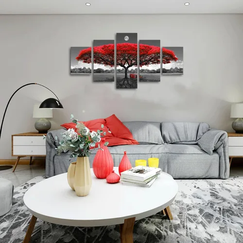 Vista 5 de Lienzo decorativo para pared, árbol rojo, arte de pared enmarcado en blanco y negro, paisajes para decoración de pared, imágenes para sala de estar