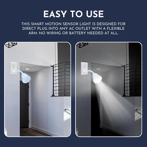 Vista 4 de Luz nocturna brillante LED con sensor de movimiento y luz, toma de corriente alterna, cuello flexible, giratorio, lámpara automática PIR