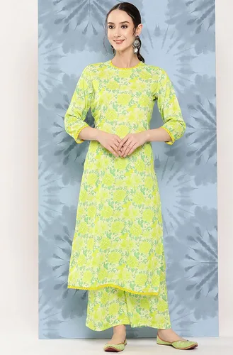 Vista 3 de Janasya Kurta con estampado digital de crepé verde limón para mujer india con palazzo