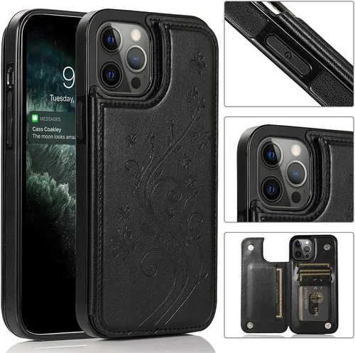 Vista 3 de Asuwish compatible con iPhone 12 Pro Max caso 6.7 protector de pantalla de vidrio templado titular de la tarjeta de la cubierta de la cartera Flip