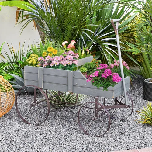 Vista 2 de HAPPYGRILL Maceta de madera con ruedas y 2 secciones de plantación Gris