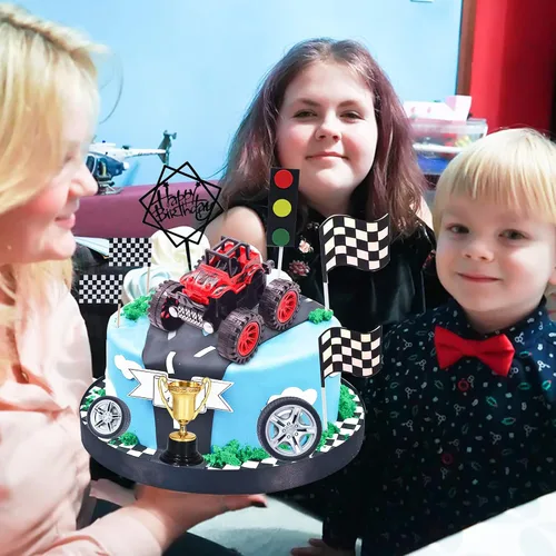 Vista 7 de MEMOVAN Decoración para tarta de camiones, decoración de tarta de camión para niños, coche de carreras para tarta de cumpleaños, decoración