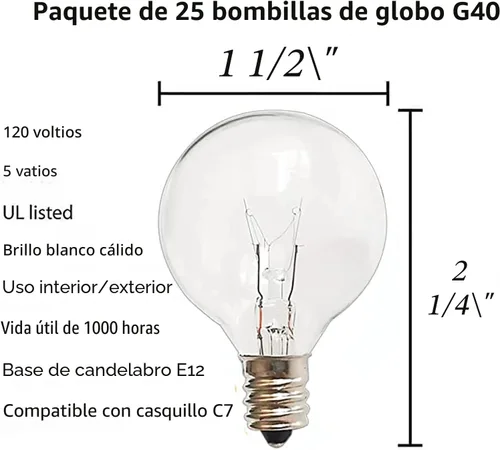 Vista 6 de Bombillas de repuesto G40 para exteriores, 120 V 5 W transparentes IP44 impermeable, regulable, globo de vidrio incandescente de 1.5 pulgadas, 2200
