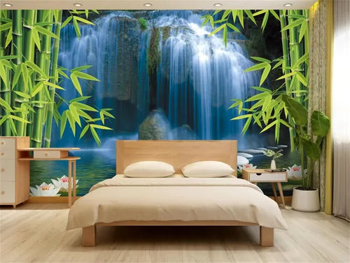 Vista 4 de FLFK Murales de pared autoadhesivos de cascada de bambú 3D de 78.7 x 59 pulgadas, papel tapiz para despegar y pegar, pintura para decoración