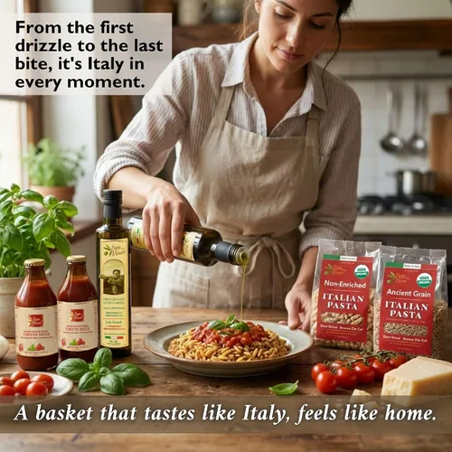 Vista 3 de Cesta de Comida Italiana Papa Vince - Regalos Gourmet para Adultos y Familias Hecha en Italia con Pasta Orgánica, Salsa y Aceite de Oliva de nuestra