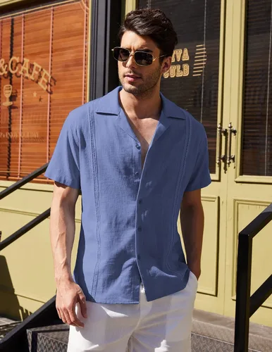 Vista 5 de COOFANDY Camisa de guayabera cubana de lino de manga corta con botones para hombre