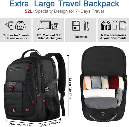Vista 2 de Z-MGKISS - Mochila de viaje extra grande, 52L, TSA, 17.3 pulgadas, antirrobo, mochila grande de 17 pulgadas para portátil de negocios, para hombres