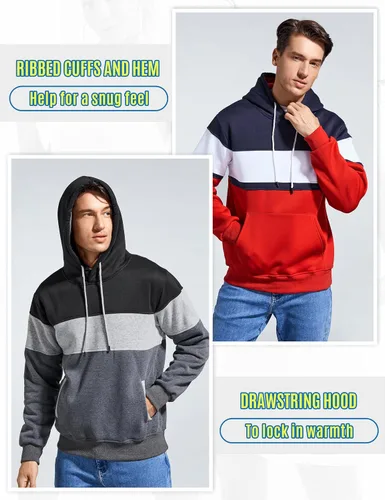 Vista 5 de Lulucleaf Sudadera con capucha para hombre, diseño de bloques de color, casual, de vellón, manga larga, con capucha