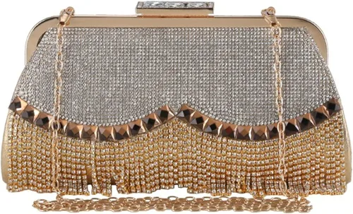 Vista 3 de Bolsos de embrague de oro para las mujeres bolsos de noche diamantes de imitación borla lujoso pequeño bolso de Crossbody