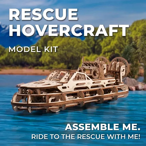 Vista 6 de UGEARS Rescue Hovercraft - Kits de modelo de barco para adultos - Puzzle de madera 3D - Kits de barcos de madera para construir - Kits de barcos