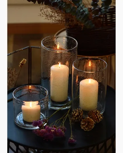 Vista 3 de Portavelas Hurricane para Velas Pillar Jarrones Cilíndricos de Vidrio Soplado a Mano Centro de Mesa Decoración de Habitación al Por Mayor Burbujas