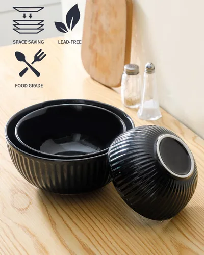 Vista 3 de HASENSE Juego de 3 cuencos pequeños de mezcla, cuencos de porcelana acanalados negros de 1.5/1/0.5 cuartos de galón para cocina, cocción, horneado