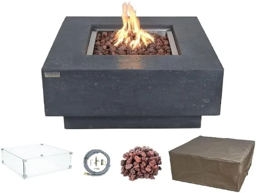 Vista 14 de Elementi Manhattan - Juego de mesa de fuego de gas de hormigón, encendido electrónico para exteriores, cubierta de lona, roca de lava incluida claro