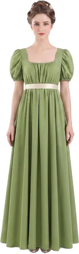 Vista 7 de Vestido de regencia para mujer, cuello cuadrado, manga abombada Verde oscuro
