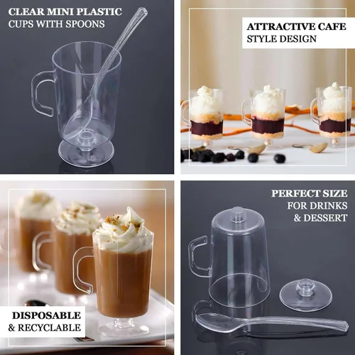 Vista 4 de Efavormart 24 Pack Tazas de café, té y espresso de plástico transparente mini de 2oz con cucharas, juego de tazas desechables para postres y Type7