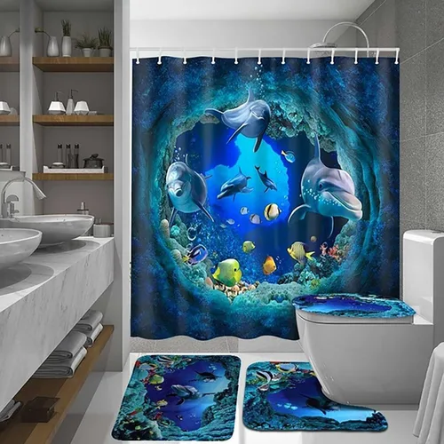 Vista 11 de OLEBETY - Juego de 4 cortinas de ducha con diseño de delfín, medusas de peces tropicales, algas marinas, vida marina, animales marinos, decoración