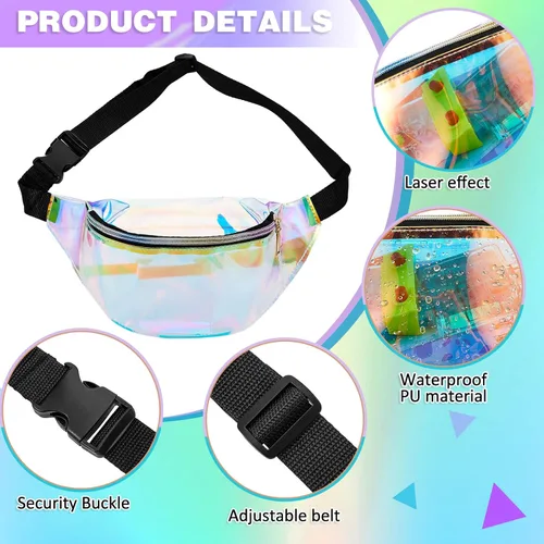 Vista 3 de Hillban Cangurera holográfica transparente de 20 unidades, bolsa de cinturón iridiscente a granel para mujer, impermeable, de PVC, con cinturón