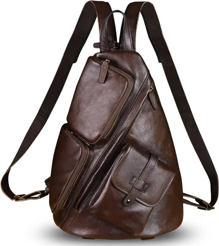 Vista 2 de Bolso bandolera grande de cuero genuino para hombres y mujeres, bolso bandolera grande para el hombro, bolso cruzado en el pecho para iPad, Café