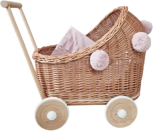Vista 9 de Wiklibox Cochecito de muñeca de ratán natural, hecho a mano en Europa, se adapta a muñecas de 17 pulgadas y juguetes de peluche, cochecito de muñeca