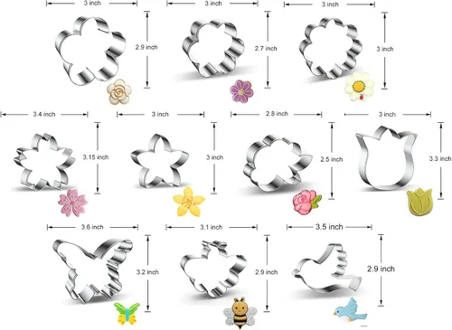 Vista 2 de Summer Flowers - Juego de 10 cortadores de galletas de jardín, diseño de mariposa, pájaro, abeja, rosa, tulipán, girasol, margarita, ciruelo