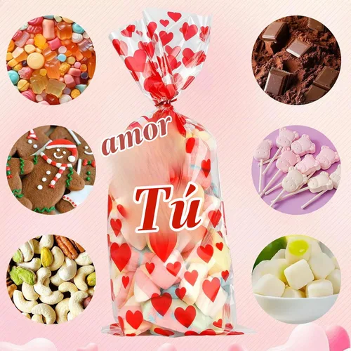 Vista 5 de Bolsas de dulces de San Valentín, 200 piezas de bolsas de celofán de San Valentín, bolsas de plástico transparente rojo para dulces, galletas