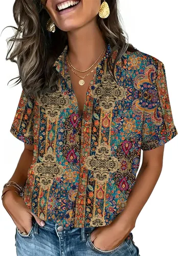 Vista 18 de Zeagoo Camisas con botones para mujer, de manga corta, cuello en V, elegantes y casuales
