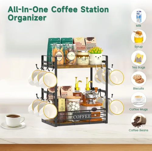 Vista 4 de EsLuker.ly Soporte para tazas de café, organizador de estación de barra de árbol, soporte para tazas de 2 niveles para encimera de cocina, estante