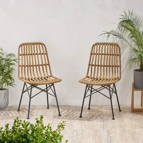 Vista 5 de GDFStudio Silla de comedor de mimbre al aire libre (juego de 2), marrón claro y negro