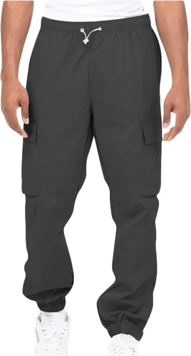Vista 10 de Aymnlox Pantalones cargo para hombre, holgados, grandes y altos, de lino, con cordón, casual, senderismo, atlético, recto, con bolsillo #A01-Negro