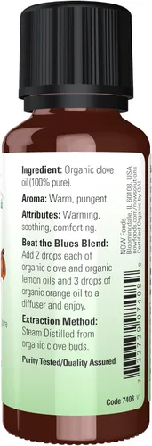 Vista 2 de NOW Aceites esenciales, aceite de clavo orgánico, aroma equilibrante de aromaterapia, destilado al vapor, 100% puro, vegano, tapa resistente a