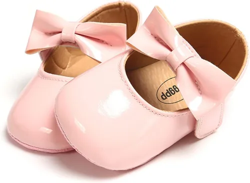 Vista 2 de LOWLO Zapatos planos Mary Jane para bebé niña, con lazo brillante, vestido de princesa, zapatos de cuna antideslizantes para niños pequeños que