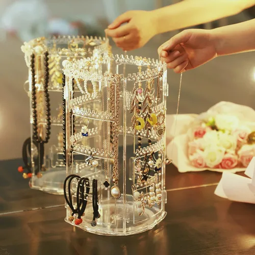 Vista 3 de Cq acrylic Organizador giratorio para aretes de 360 grados, exhibiciones de joyería transparentes, estante para aretes, collar, pulsera, carrusel