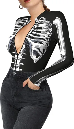 Vista 4 de Enterizo de esqueleto para mujer, con cremallera, traje sexy de una pieza para Halloween