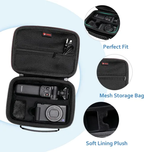 Vista 4 de XANAD Estuche de viaje para cámara Sony ZV-1F / ZV-1 / ZV-1 II con kit de accesorios Vlogger, trípode (GP-VPT2 BT) y micrófono, con correa