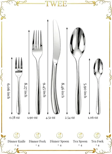 Vista 2 de Moderno juego de cubiertos para 4 cubiertos de alta calidad, 20 piezas, acero inoxidable 18/10, pulido con buen peso, utensilios para la cocina