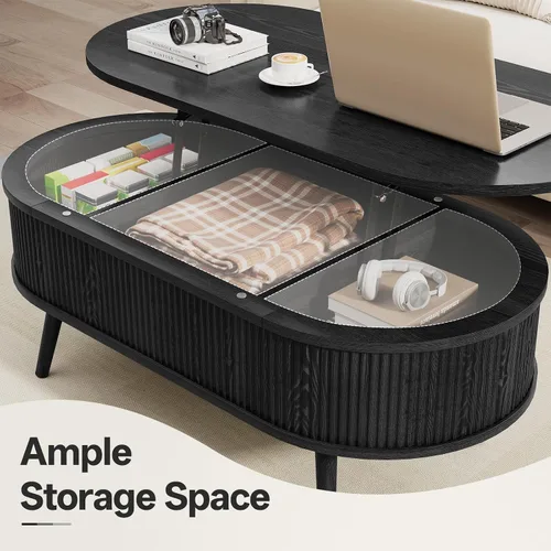 Vista 5 de Mesa auxiliar ovalada con almacenamiento, moderna mesa de centro acanalada con parte superior elevadora, mesas de centro pequeñas con Negro