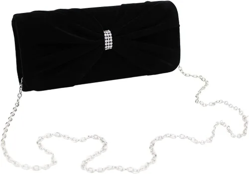 Vista 3 de Elegante bolso de noche de embrague de terciopelo con lazo de diamantes de imitación Negro