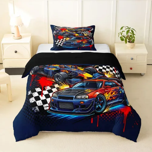 Vista 11 de Feelyou Juego de edredón de coche de carreras, tamaño individual, juego de ropa de cama de coche deportivo de velocidad para niños y niñas, edredón
