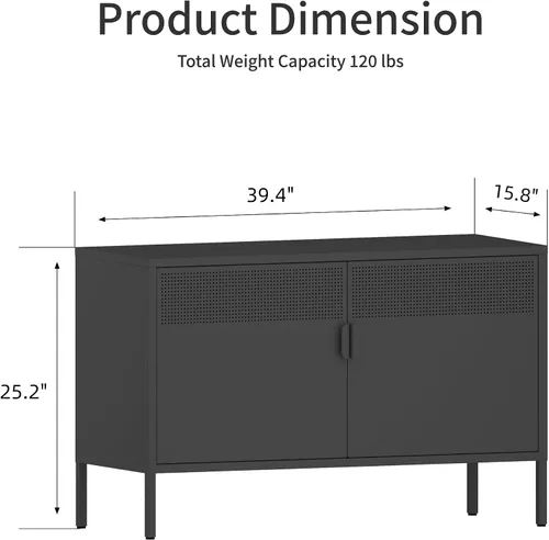 Vista 3 de Gabinete de almacenamiento de metal ancho negro, gabinete de acento de 2 puertas para el hogar y la oficina, gabinete de metal bajo de 2 niveles